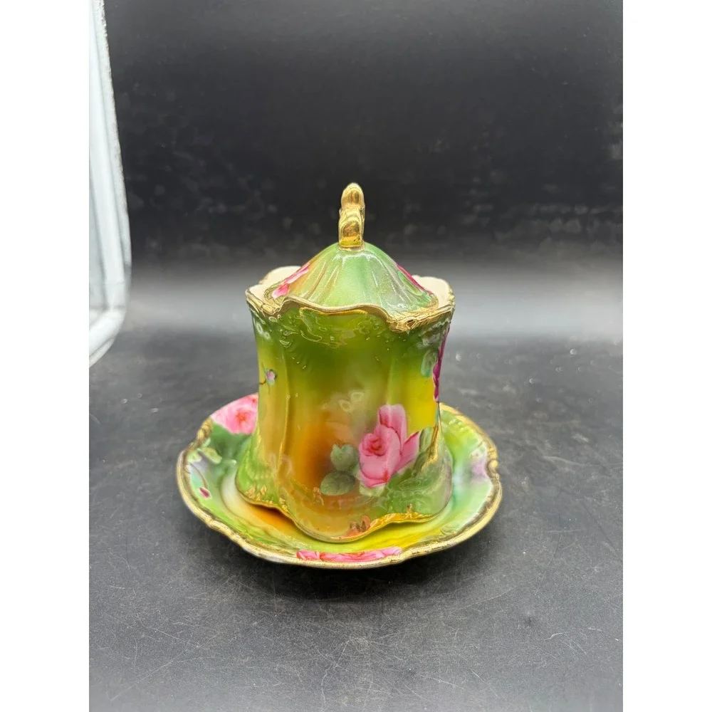 Vintage Hand Painted Porcelain Rose Creamer Pitcher with Saucer and Lid Gilt